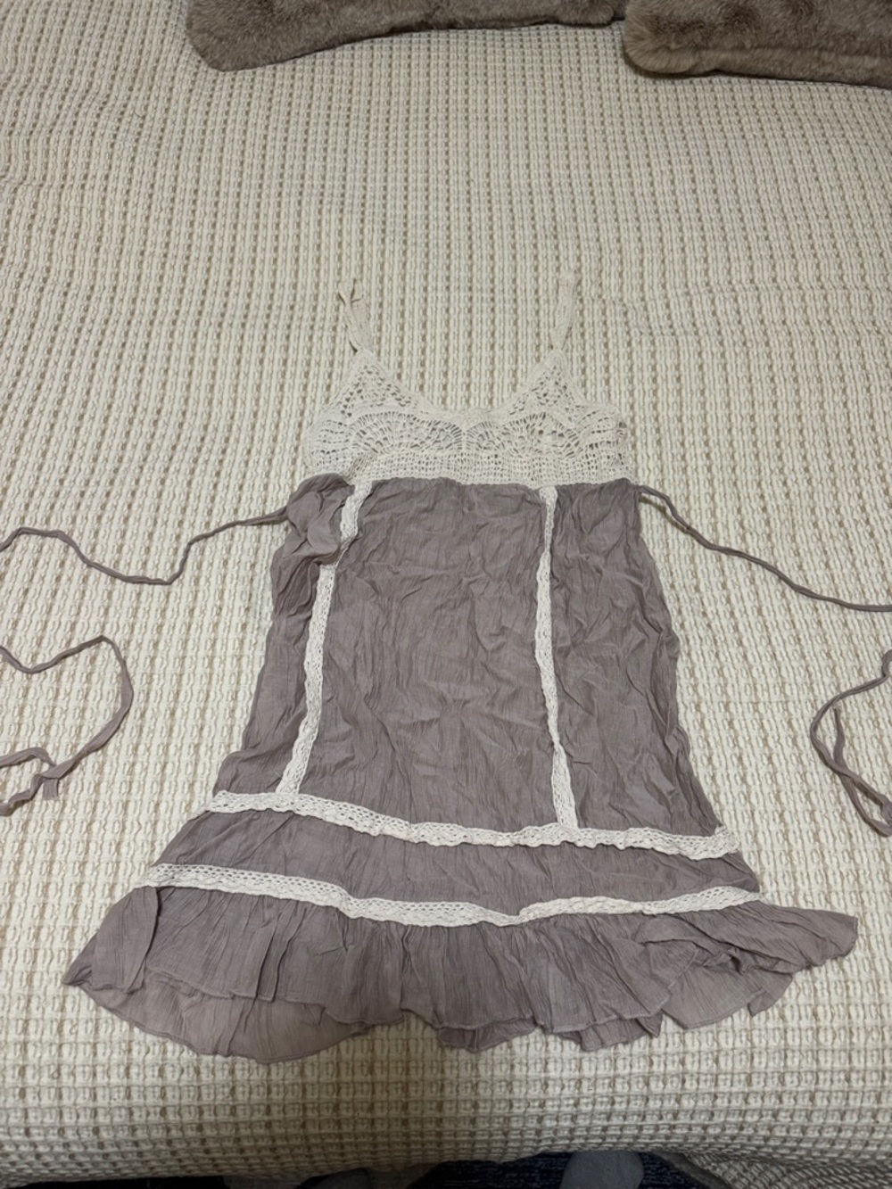 Crochet-Trim Slip Top in Taupe and Cream
